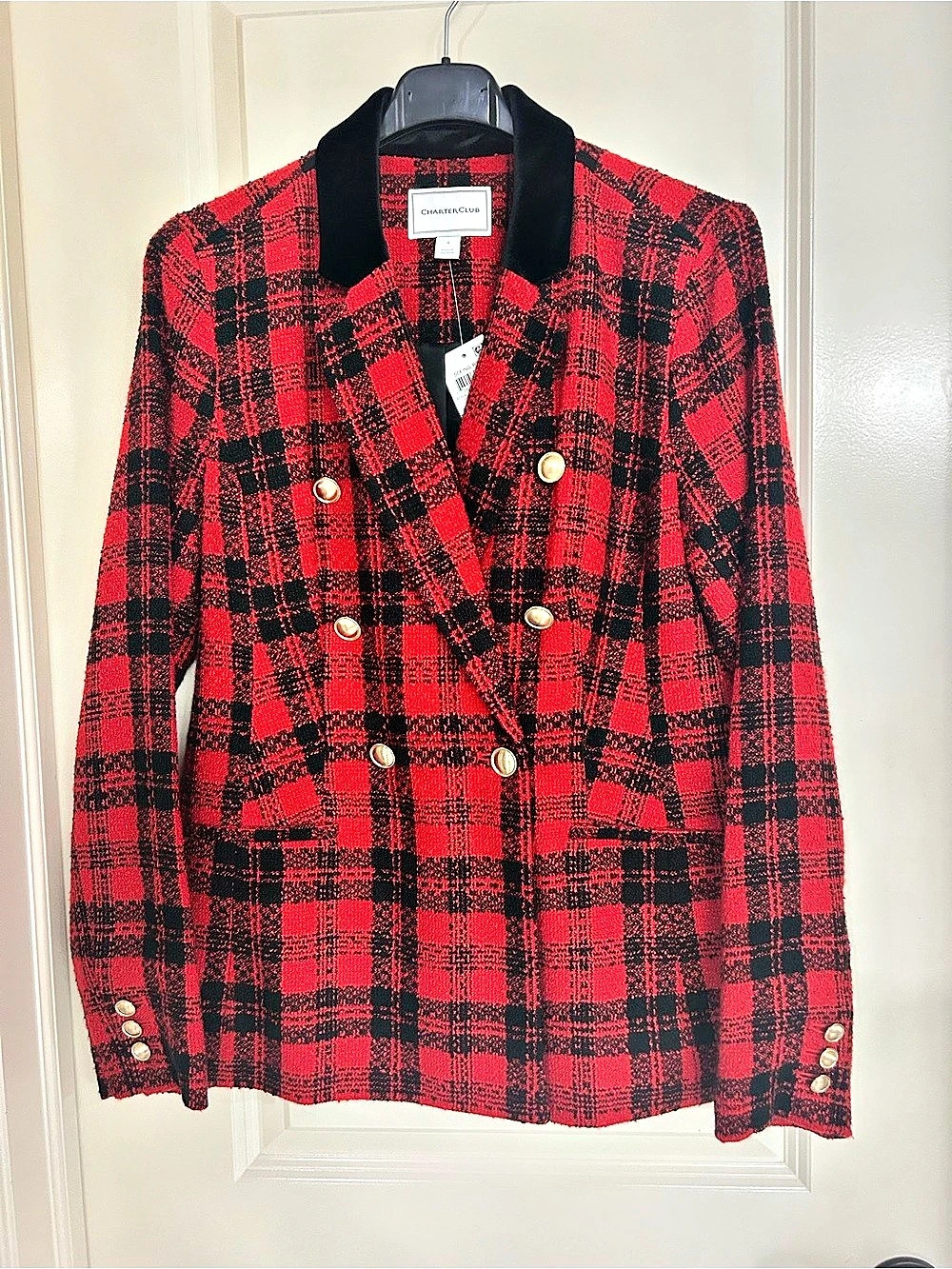 Charter Club Double Breasted Plaid Blazer Plaid Blazer in Red & Black US 4 NWT